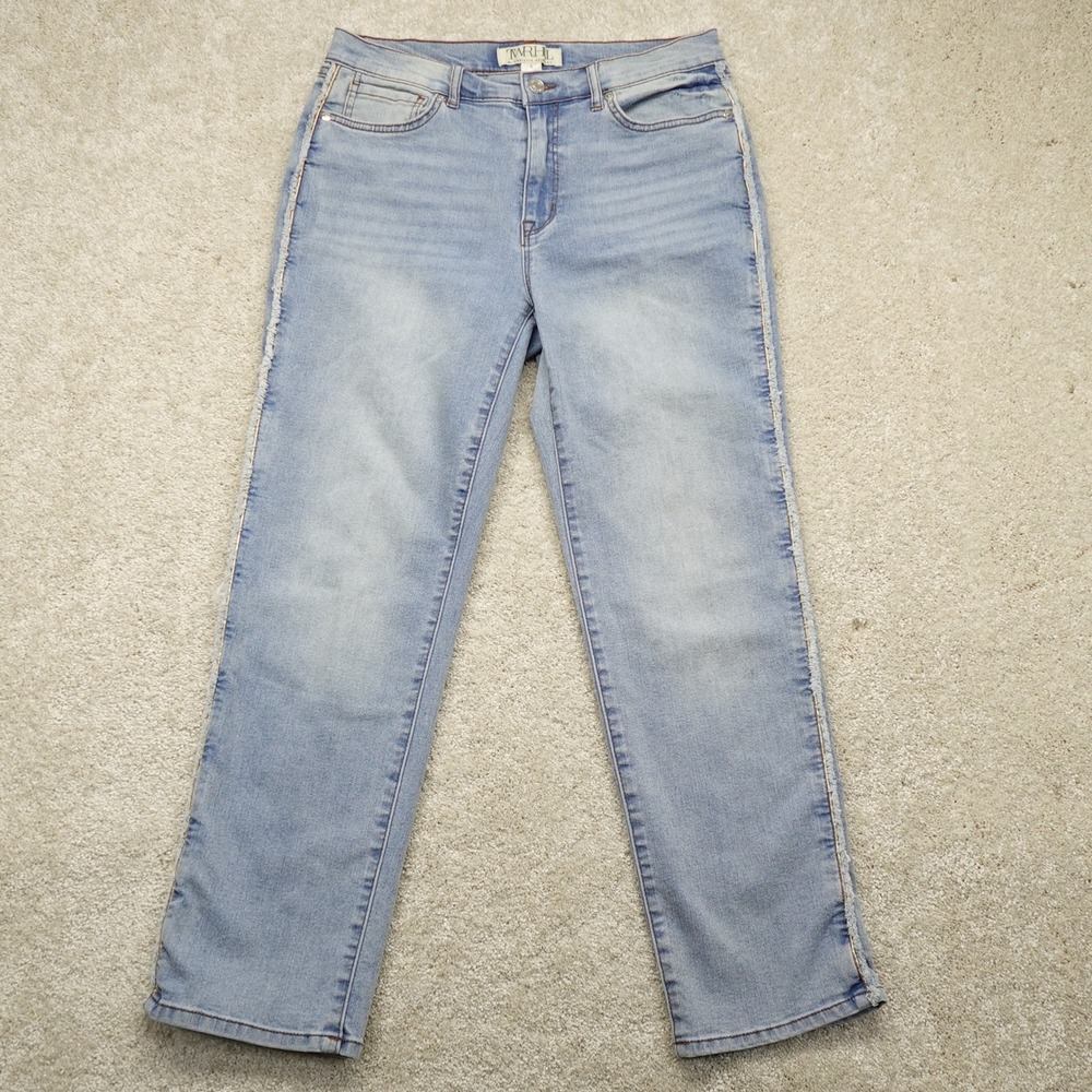 TWRHLL Christie Brinkley Straight Leg Jeans Womens 6 Light Wash Gold Side Stripe